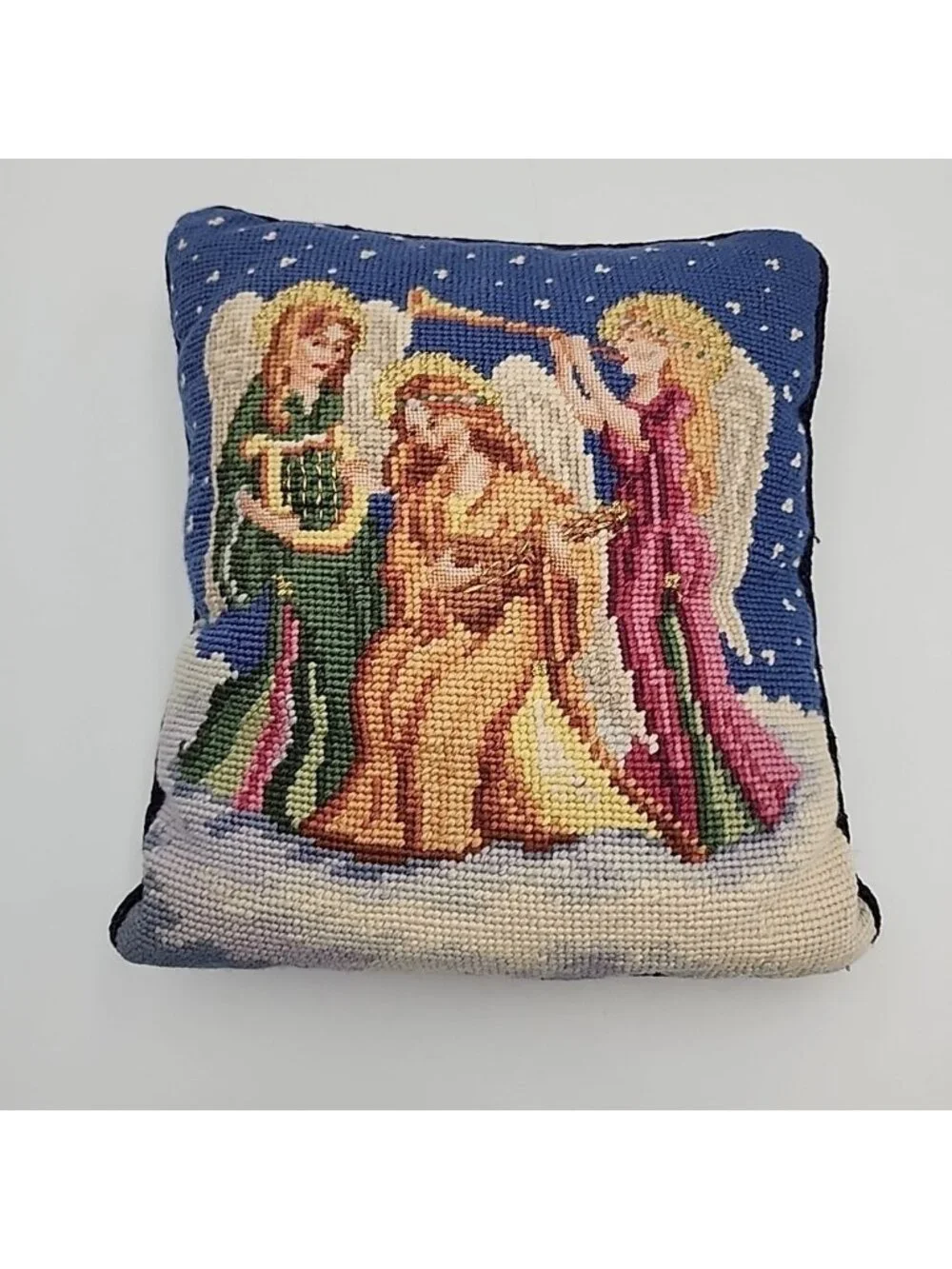 Vintage Needlepoint Velvet Backed Pillow Angels Playing Music 9” x 11”